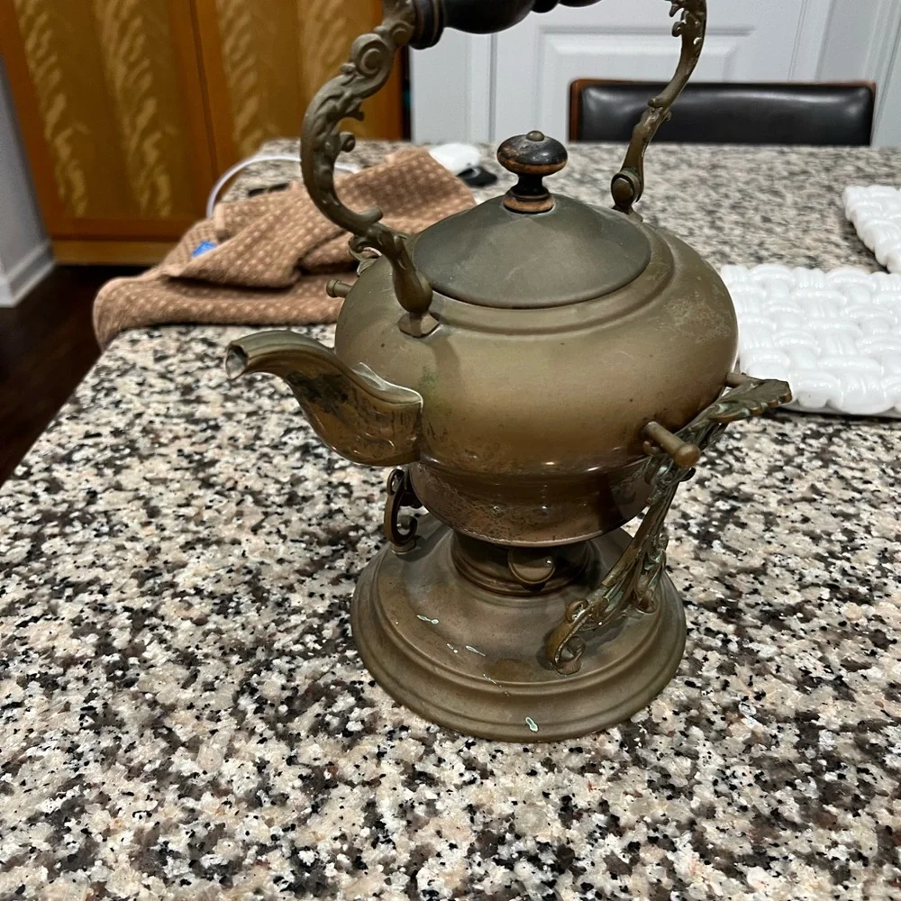 Antique Copper/Brass Tea Pot Lidded Kettle w/ Ornate Stand & Burner - Picture 6 of 8